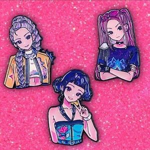 Set of Three Anime Character Pins Huntrix Rumi Mira Zoey Kpop Demon Hunters